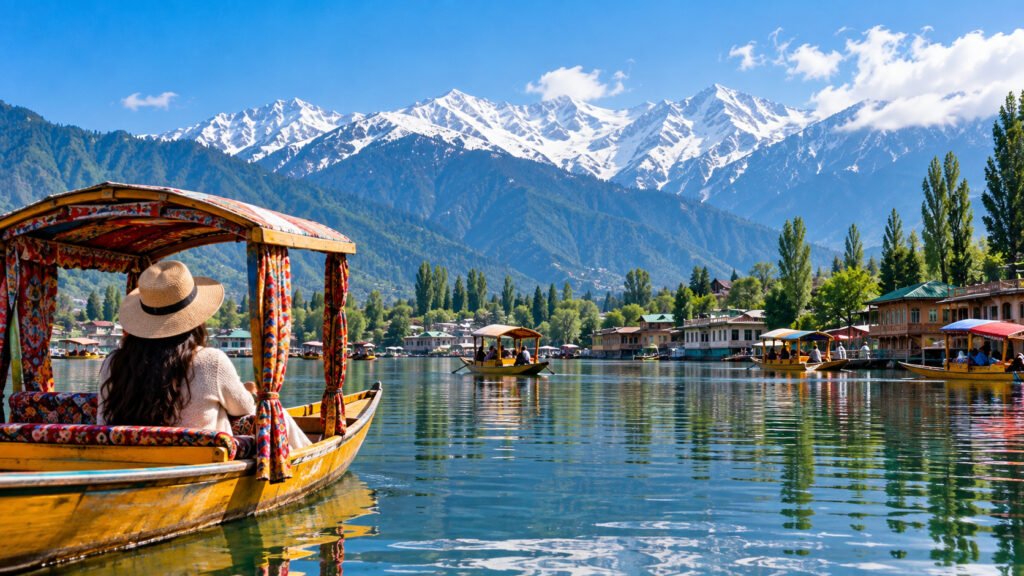 Shikara boats floating on Dal Lake with houseboats, Srinagar, Kashmir